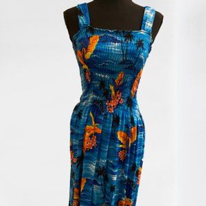 Hawaiian Print Blue Background with Black Palm Trees and Orange Flowers Dress